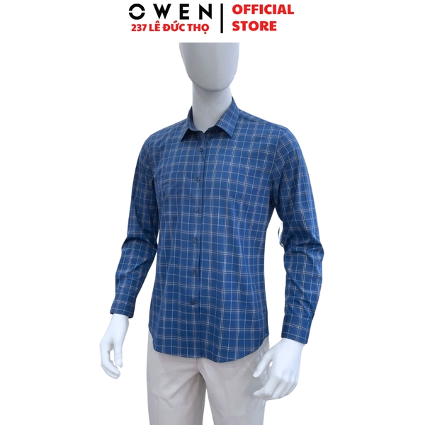 Áo sơ mi nam tay dài Owen AR250369DT màu xanh đậm caro vừa dáng suông regular fit tà lượn có túi chất liệu bamboo spandex