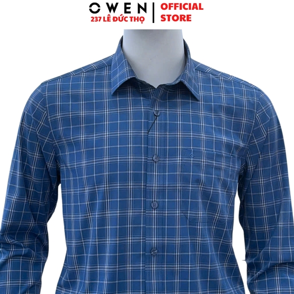 Áo sơ mi nam tay dài Owen AR250369DT màu xanh đậm caro vừa dáng suông regular fit tà lượn có túi chất liệu bamboo spandex