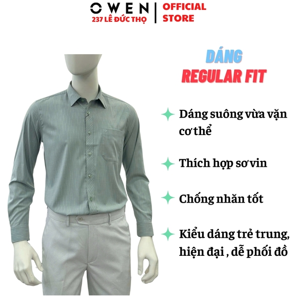 Áo sơ mi nam tay dài Owen AR255023DT màu xanh bạc hà dáng suông regular fit tà lượn có túi chất liệu bamboo