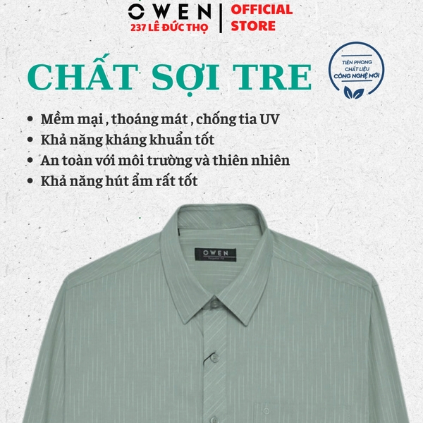 Áo sơ mi nam tay dài Owen AR255023DT màu xanh bạc hà dáng suông regular fit tà lượn có túi chất liệu bamboo