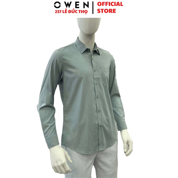 Áo sơ mi nam tay dài Owen AR255023DT màu xanh bạc hà dáng suông regular fit tà lượn có túi chất liệu bamboo