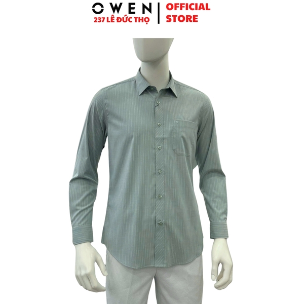 Áo sơ mi nam tay dài Owen AR255023DT màu xanh bạc hà dáng suông regular fit tà lượn có túi chất liệu bamboo