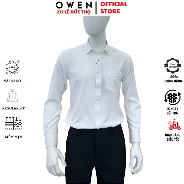 Áo sơ mi trắng nam tay dài Owen AR255035DT màu trắng dệt caro chìm dáng suông regualr fit tà lượn có túi chất liệu Nano