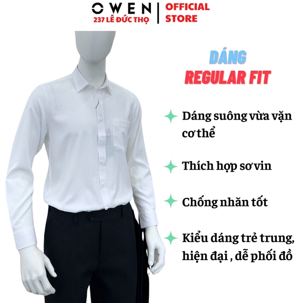 Áo sơ mi trắng nam tay dài Owen AR255035DT màu trắng dệt caro chìm dáng suông regualr fit tà lượn có túi chất liệu Nano
