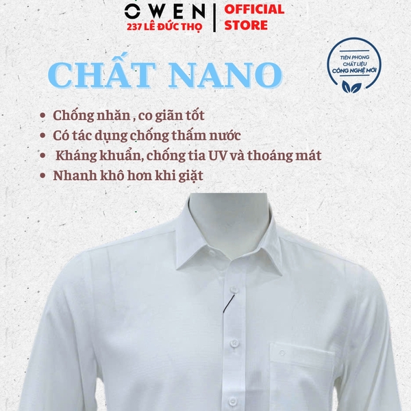 Áo sơ mi trắng nam tay dài Owen AR255035DT màu trắng dệt caro chìm dáng suông regualr fit tà lượn có túi chất liệu Nano