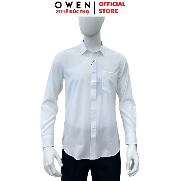 Áo sơ mi trắng nam tay dài Owen AR255035DT màu trắng dệt caro chìm dáng suông regualr fit tà lượn có túi chất liệu Nano