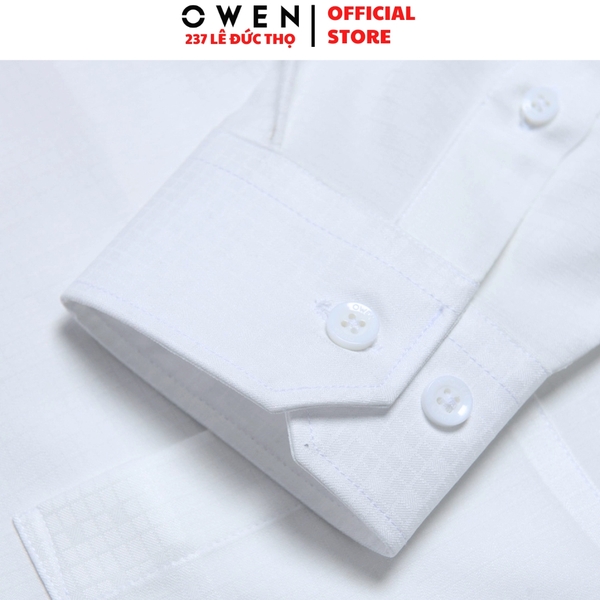 Áo sơ mi trắng nam tay dài Owen AR255035DT màu trắng dệt caro chìm dáng suông regualr fit tà lượn có túi chất liệu Nano