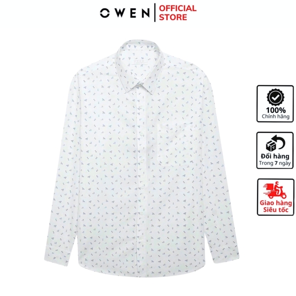 Áo sơ mi nam tay dài Owen AR255038DT màu trắng họa tiết chấm bi dáng suông regular fit tà lượn có túi chất liệu nano