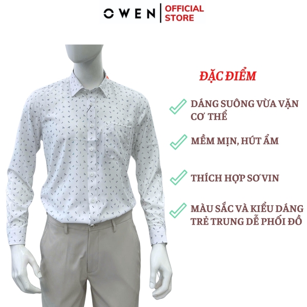Áo sơ mi nam tay dài Owen AR255038DT màu trắng họa tiết chấm bi dáng suông regular fit tà lượn có túi chất liệu nano