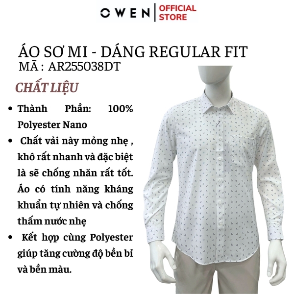Áo sơ mi nam tay dài Owen AR255038DT màu trắng họa tiết chấm bi dáng suông regular fit tà lượn có túi chất liệu nano