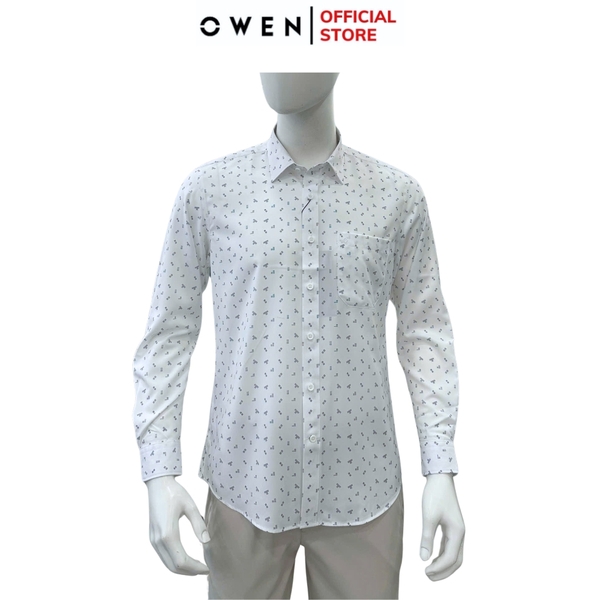 Áo sơ mi nam tay dài Owen AR255038DT màu trắng họa tiết chấm bi dáng suông regular fit tà lượn có túi chất liệu nano