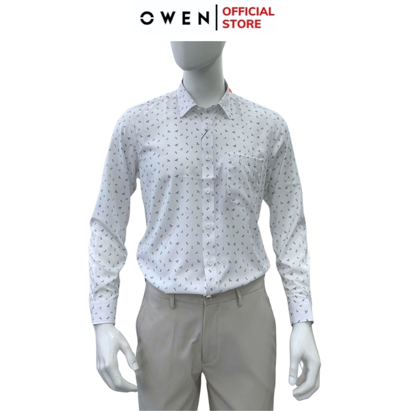 Áo sơ mi nam tay dài Owen AR255038DT màu trắng họa tiết chấm bi dáng suông regular fit tà lượn có túi chất liệu nano