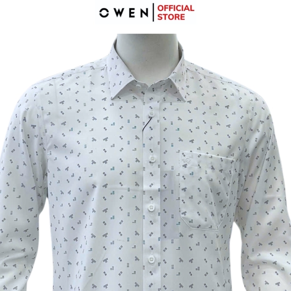 Áo sơ mi nam tay dài Owen AR255038DT màu trắng họa tiết chấm bi dáng suông regular fit tà lượn có túi chất liệu nano