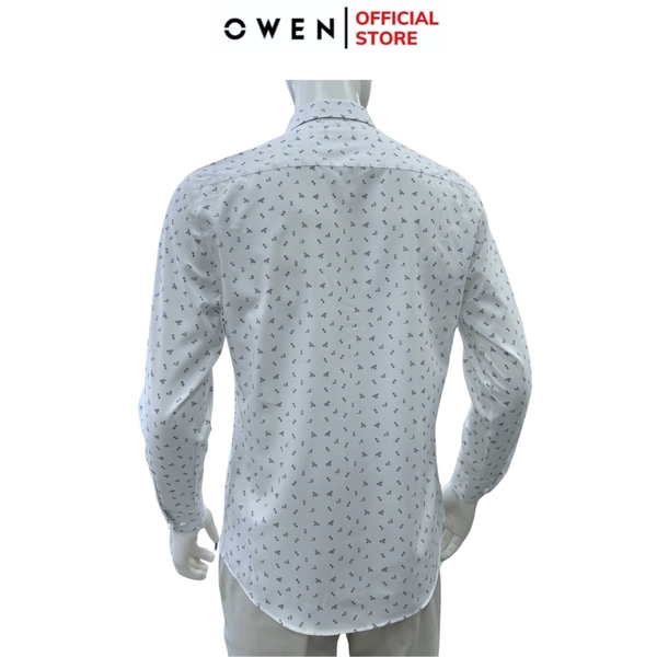 Áo sơ mi nam tay dài Owen AR255038DT màu trắng họa tiết chấm bi dáng suông regular fit tà lượn có túi chất liệu nano