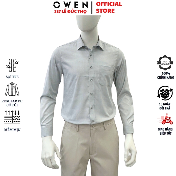 Áo Sơ mi nam tay dài Owen AR255089DT màu xám dáng suông regular fit tà lượn có túi chất liệu bamboo poly