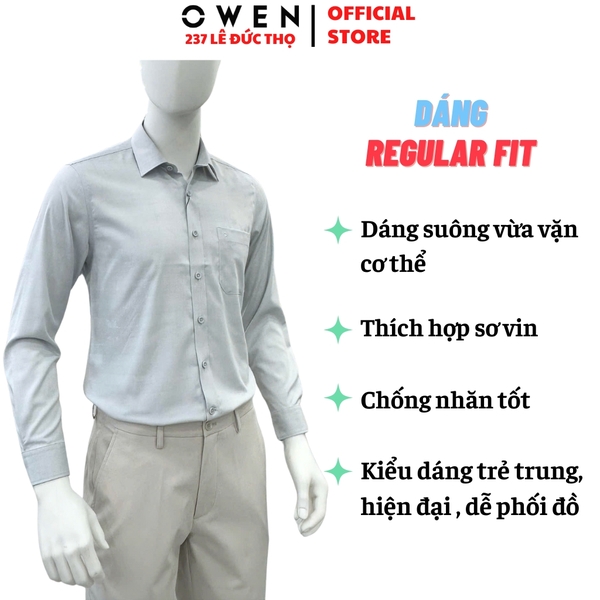 Áo Sơ mi nam tay dài Owen AR255089DT màu xám dáng suông regular fit tà lượn có túi chất liệu bamboo poly