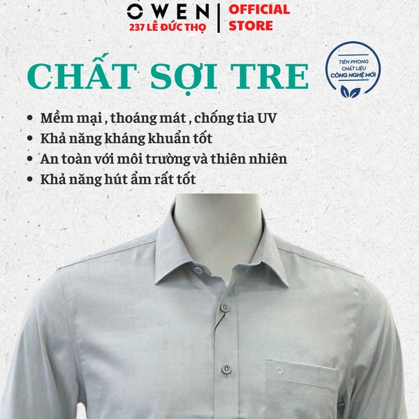 Áo Sơ mi nam tay dài Owen AR255089DT màu xám dáng suông regular fit tà lượn có túi chất liệu bamboo poly
