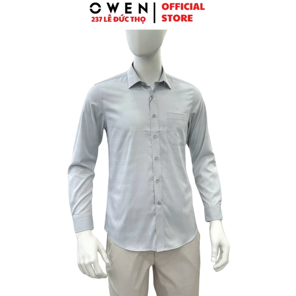Áo Sơ mi nam tay dài Owen AR255089DT màu xám dáng suông regular fit tà lượn có túi chất liệu bamboo poly