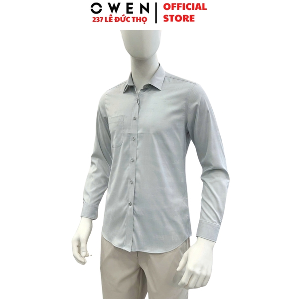 Áo Sơ mi nam tay dài Owen AR255089DT màu xám dáng suông regular fit tà lượn có túi chất liệu bamboo poly