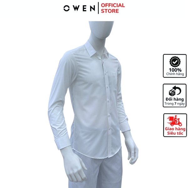 Áo sơ mi trắng nam tay dài Owen AR255201DT màu trắng trơn dáng suông regular fit tà lượn có túi chất liệu sợi sồi