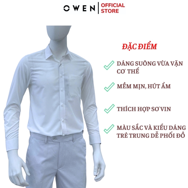 Áo sơ mi trắng nam tay dài Owen AR255201DT màu trắng trơn dáng suông regular fit tà lượn có túi chất liệu sợi sồi