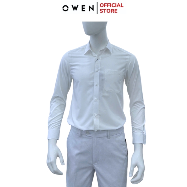 Áo sơ mi trắng nam tay dài Owen AR255201DT màu trắng trơn dáng suông regular fit tà lượn có túi chất liệu sợi sồi