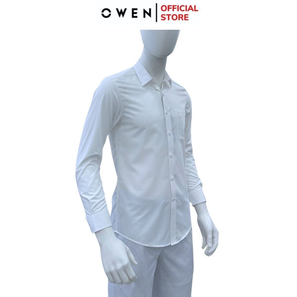 Áo sơ mi trắng nam tay dài Owen AR255201DT màu trắng trơn dáng suông regular fit tà lượn có túi chất liệu sợi sồi