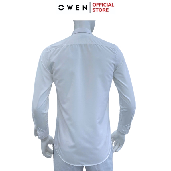 Áo sơ mi trắng nam tay dài Owen AR255201DT màu trắng trơn dáng suông regular fit tà lượn có túi chất liệu sợi sồi