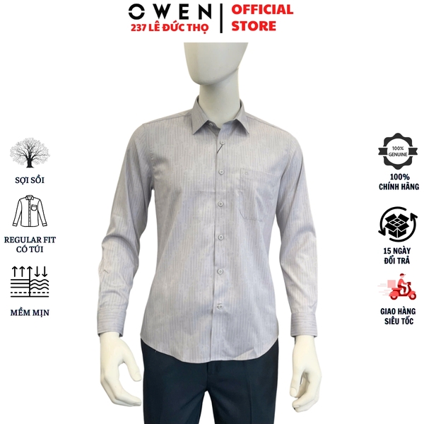 Áo sơ mi nam tay dài Owen AR260013DT màu xám dáng suông regular fit tà lượn có túi chất liệu modal polyester spandex