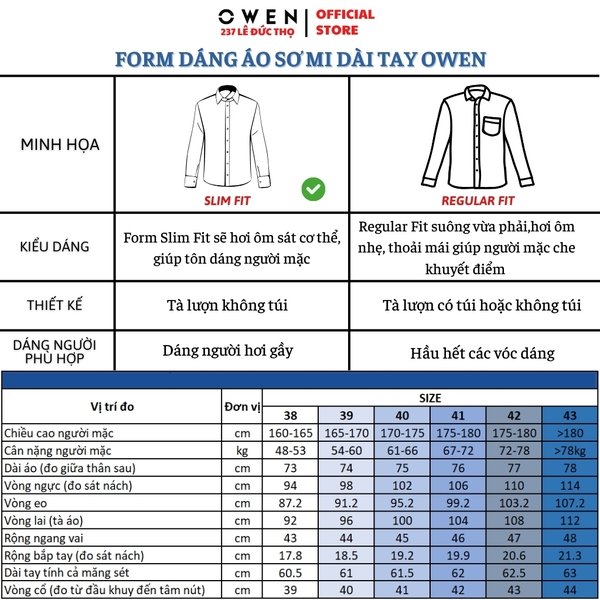 Áo Sơ Mi Nam Tay Dài Owen AR260018DT Xanh Nhạt Regular Fit Có Túi