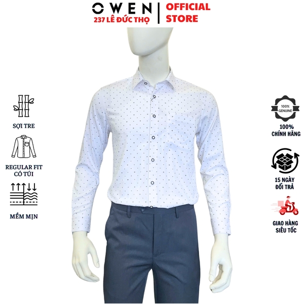 Áo sơ mi nam tay dài Owen AR260022DT màu trắng in họa tiết dáng suông regular fit tà lượn có túi chất liệu Bamboo polyester
