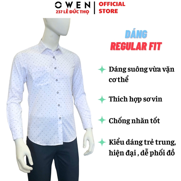 Áo sơ mi nam tay dài Owen AR260022DT màu trắng in họa tiết dáng suông regular fit tà lượn có túi chất liệu Bamboo polyester