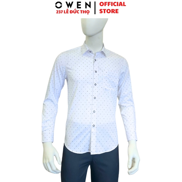 Áo sơ mi nam tay dài Owen AR260022DT màu trắng in họa tiết dáng suông regular fit tà lượn có túi chất liệu Bamboo polyester