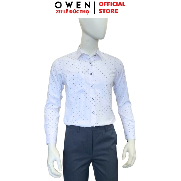 Áo sơ mi nam tay dài Owen AR260022DT màu trắng in họa tiết dáng suông regular fit tà lượn có túi chất liệu Bamboo polyester