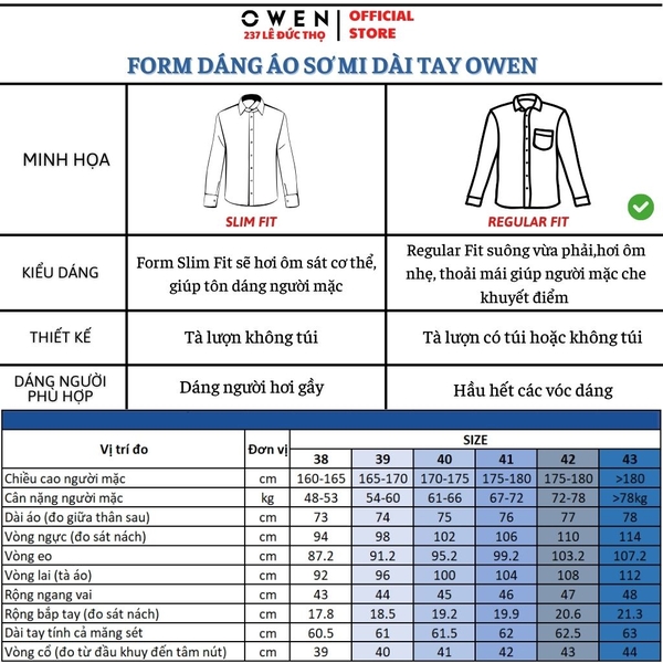 Áo Sơ Mi Nam Tay Dài Owen AR260612DT Xanh Tím Than Regular Fit Có Túi chất liệu Bamboo polyester