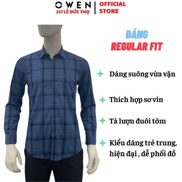 Áo Sơ Mi Nam Tay Dài Owen AR260612DT Xanh Tím Than Regular Fit Có Túi chất liệu Bamboo polyester