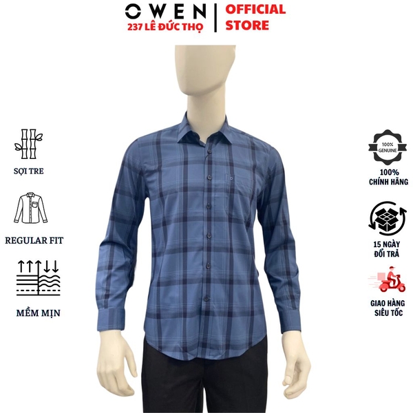Áo Sơ Mi Nam Tay Dài Owen AR260612DT Xanh Tím Than Regular Fit Có Túi chất liệu Bamboo polyester