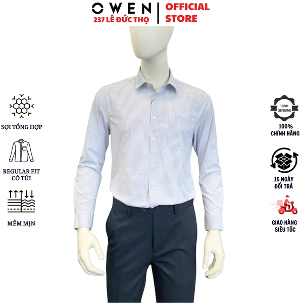 Áo sơ mi nam tay dài Owen AR263001DT màu xanh nhạt dáng suông regular fit tà lượn có túi chất liệu nylon spandex