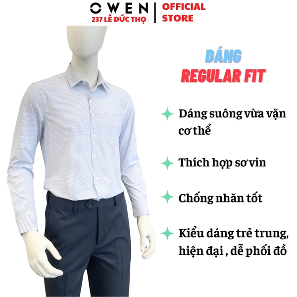 Áo sơ mi nam tay dài Owen AR263001DT màu xanh nhạt dáng suông regular fit tà lượn có túi chất liệu nylon spandex