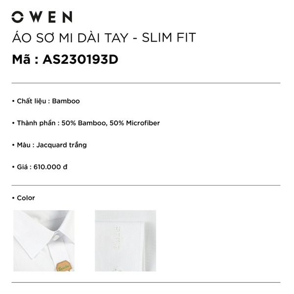 Áo Sơ Mi Trắng Nam Dài Tay Owen AS230193D màu trắng dệt sọc mờ jacquard dáng slim fit tà lượn không túi vải sợi tre