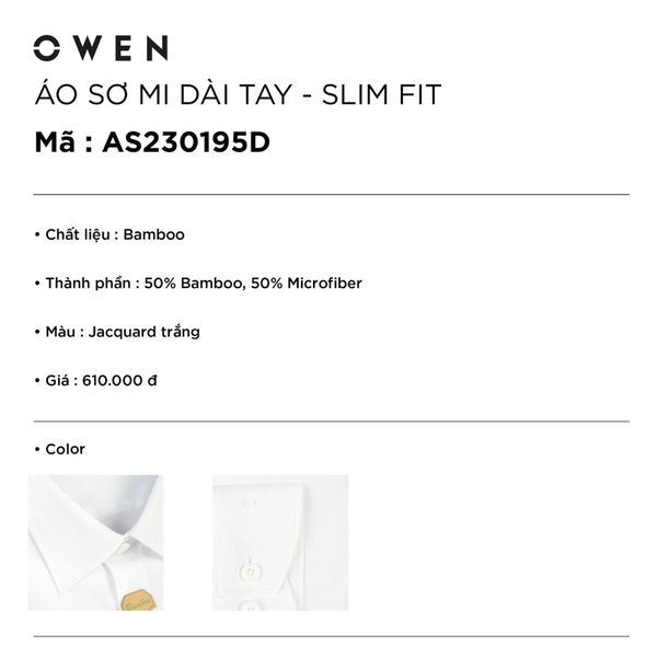 Áo Sơ Mi Nam Tay Dài Owen AS230195D màu jacquard trắng dáng slim fit tà lượn không túi vải sợi tre