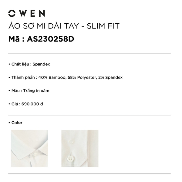 Áo Sơ Mi Nam Tay Dài Owen AS230258D màu trắng in xám dáng slim fit tà lượn không túi vải bamboo