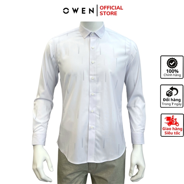 Áo Sơ Mi Nam Tay Dài Owen AS230258D màu trắng in xám dáng slim fit tà lượn không túi vải bamboo