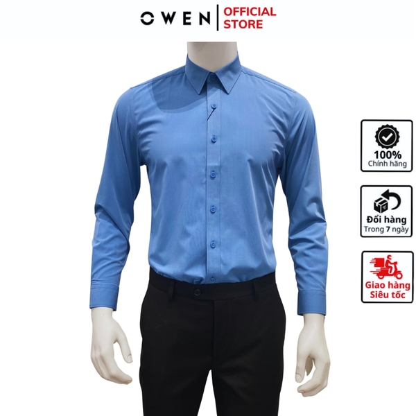 Áo Sơ Mi Nam Tay Dài Owen AS230592D màu xanh kẻ ngang Dáng slimfit tà lượn không túi vải sợi tre