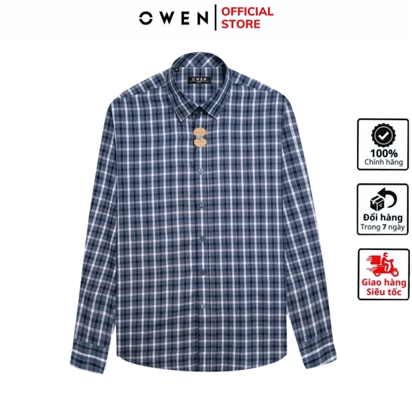 Áo Sơ Mi Nam Tay Dài Owen AS240501D màu xanh đậm kẻ caro dáng ôm slim fit tà lượn không túi chất liệu bambo poly