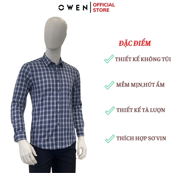 Áo Sơ Mi Nam Tay Dài Owen AS240501D màu xanh đậm kẻ caro dáng ôm slim fit tà lượn không túi chất liệu bambo poly