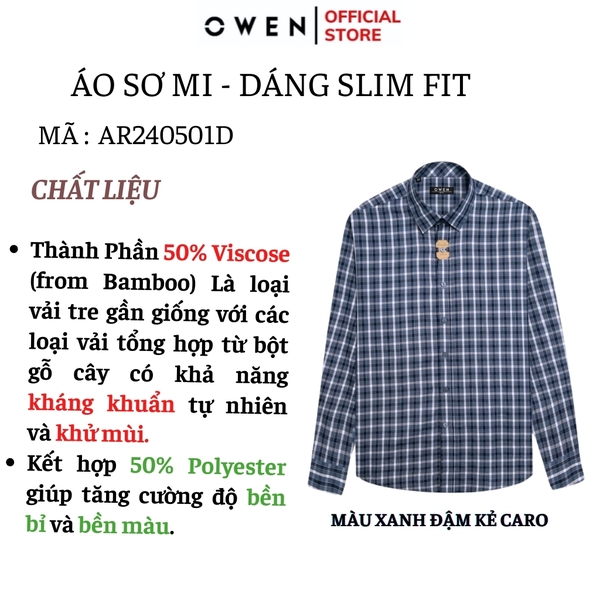 Áo Sơ Mi Nam Tay Dài Owen AS240501D màu xanh đậm kẻ caro dáng ôm slim fit tà lượn không túi chất liệu bambo poly
