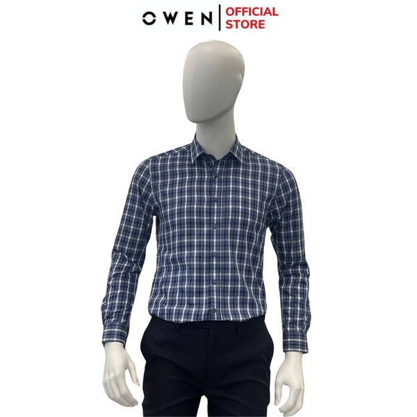 Áo Sơ Mi Nam Tay Dài Owen AS240501D màu xanh đậm kẻ caro dáng ôm slim fit tà lượn không túi chất liệu bambo poly