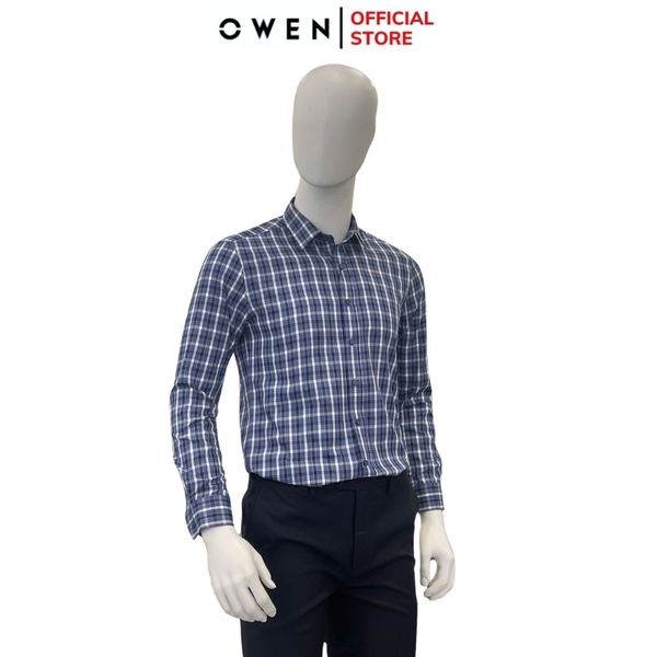 Áo Sơ Mi Nam Tay Dài Owen AS240501D màu xanh đậm kẻ caro dáng ôm slim fit tà lượn không túi chất liệu bambo poly