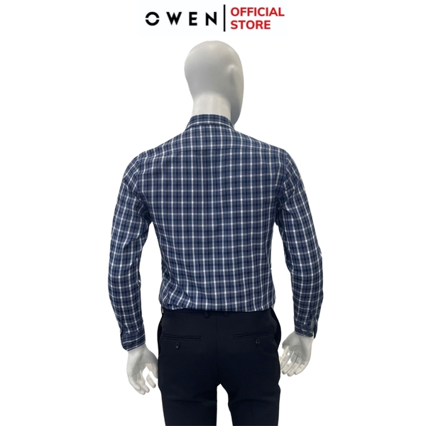 Áo Sơ Mi Nam Tay Dài Owen AS240501D màu xanh đậm kẻ caro dáng ôm slim fit tà lượn không túi chất liệu bambo poly